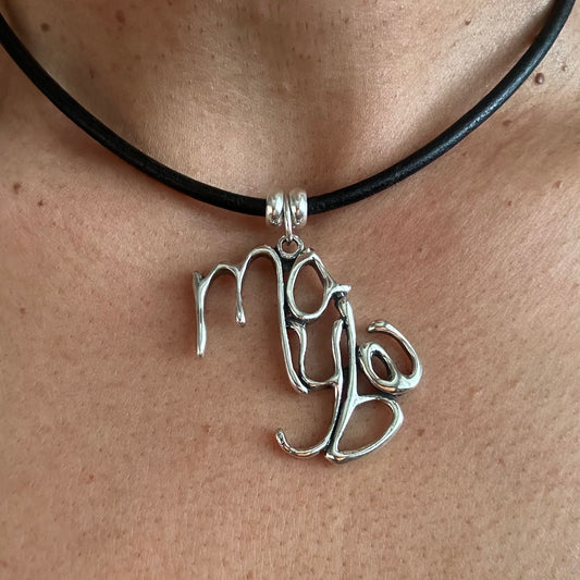 Word Art Jewelry - Maybe, Sterling Silver and leather necklace, Stylized Heritage