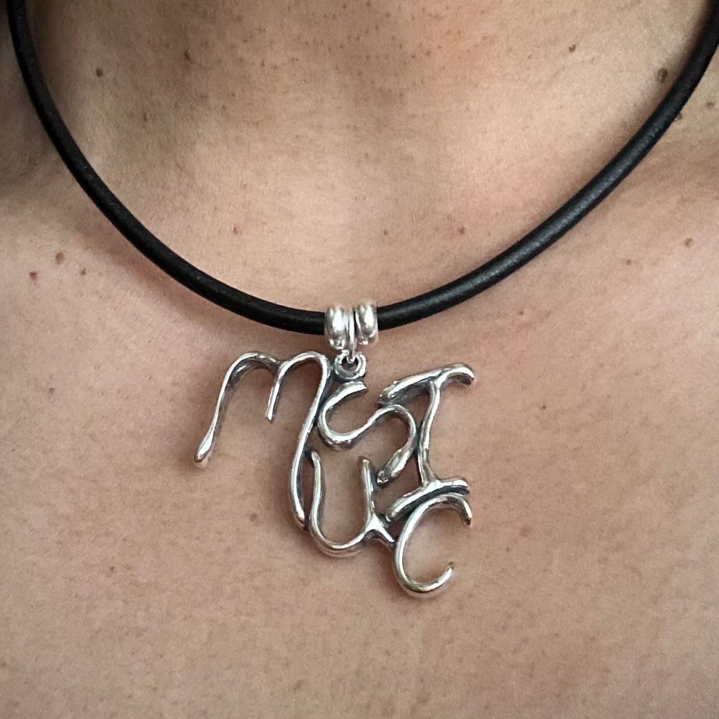 Word Art Jewelry - Music, Sterling Silver with Leather Necklace, Stylized Heritage