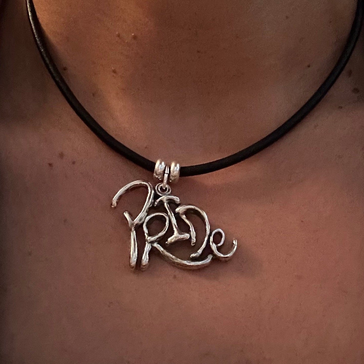 Word Art Jewelry - Pride, Sterling Silver with leather necklace, Stylized Heritage
