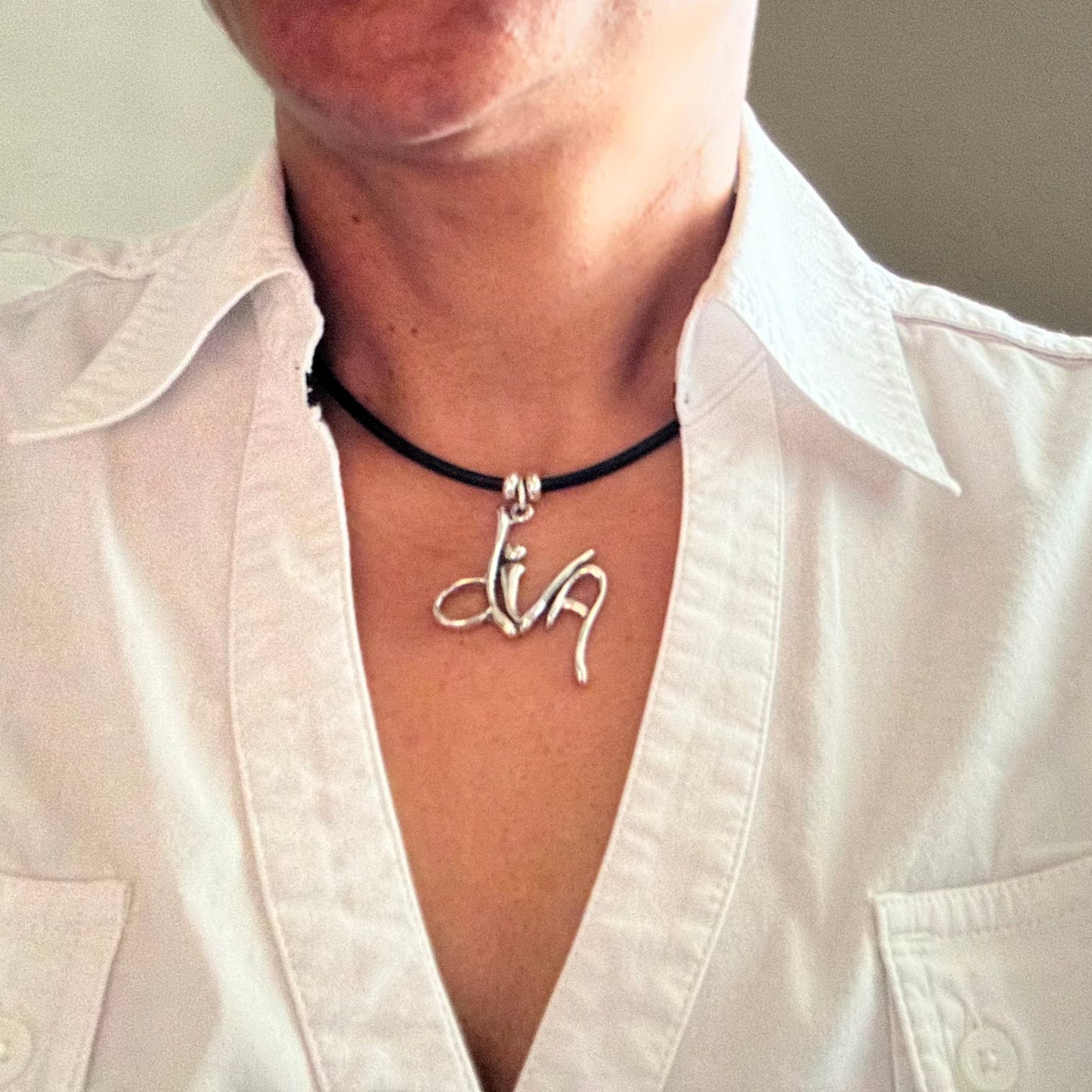 Word Art Jewelry - diva, Sterling Silver with leather necklace, Stylized Heritage