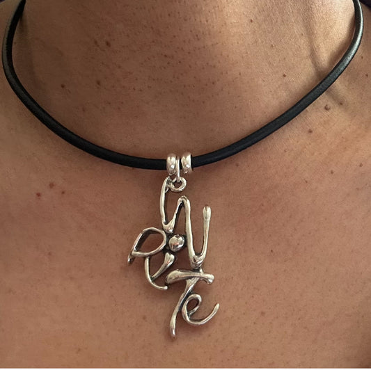 Word Art Jewelry - Write, Sterling Silver with leather necklace, Stylized Heritage
