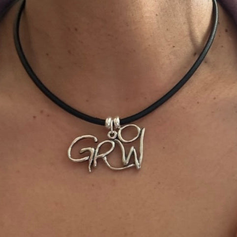 Word Art Jewelry - Grow, Sterling Silver with Leather Necklace, Stylized Heritage