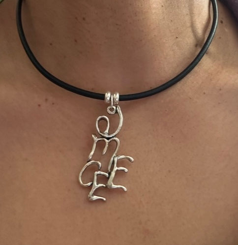 Word Art Jewelry - emcee, Stylized Heritage, Sterling Silver with Leather necklace