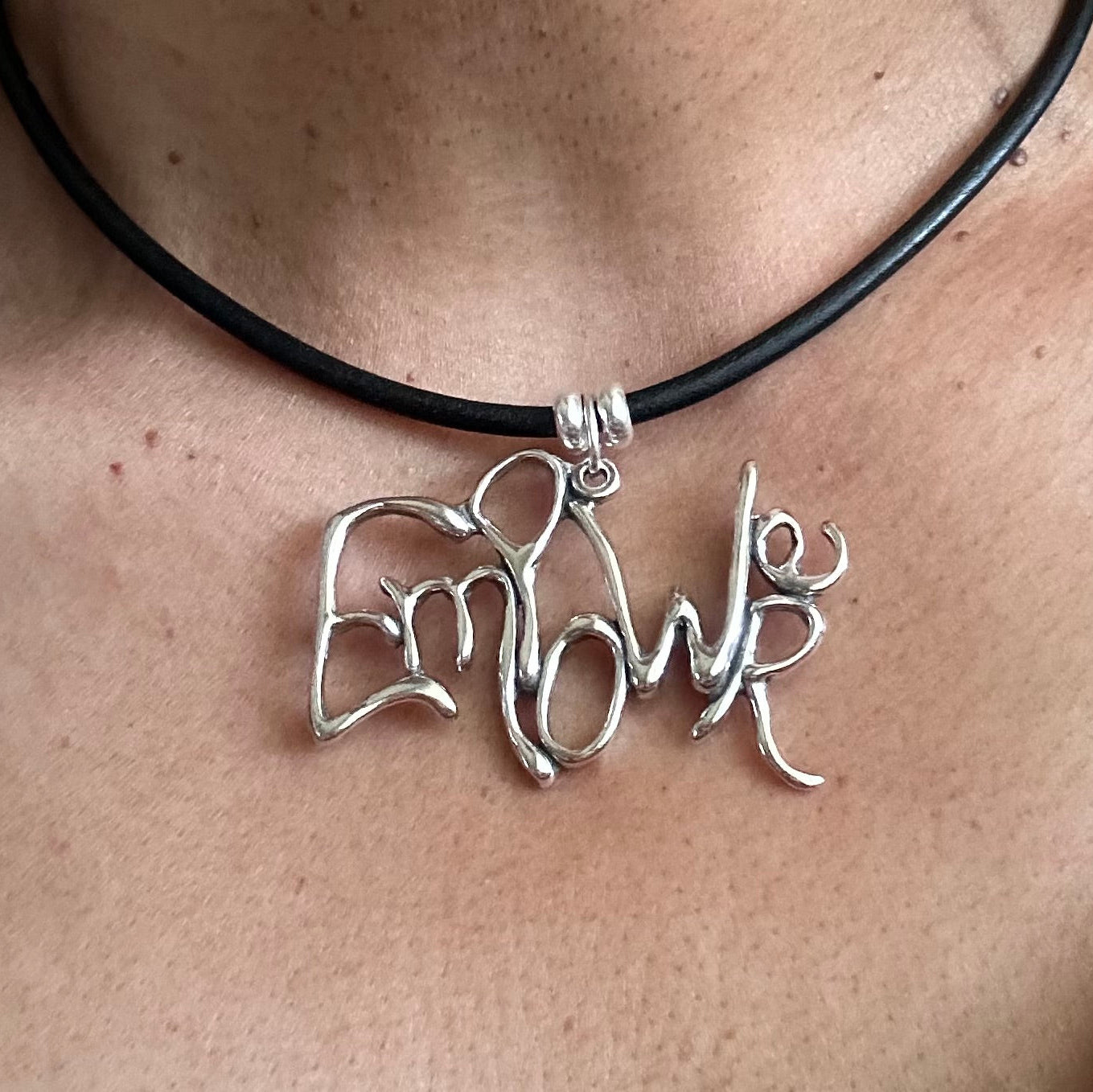 Word Art Jewelry- Empower, Stylized Heritage, Sterling Silver with Leather necklace