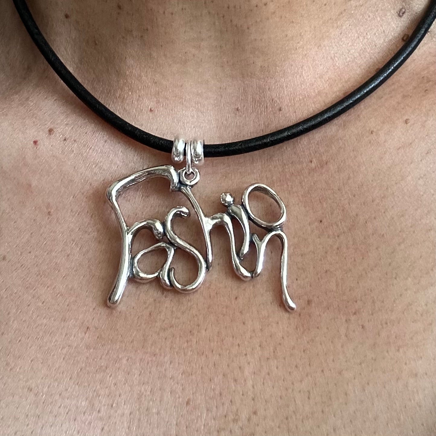 Word Art Jewelry - Fashion, Sterling Silver Leather Necklace, Stylized Heritage