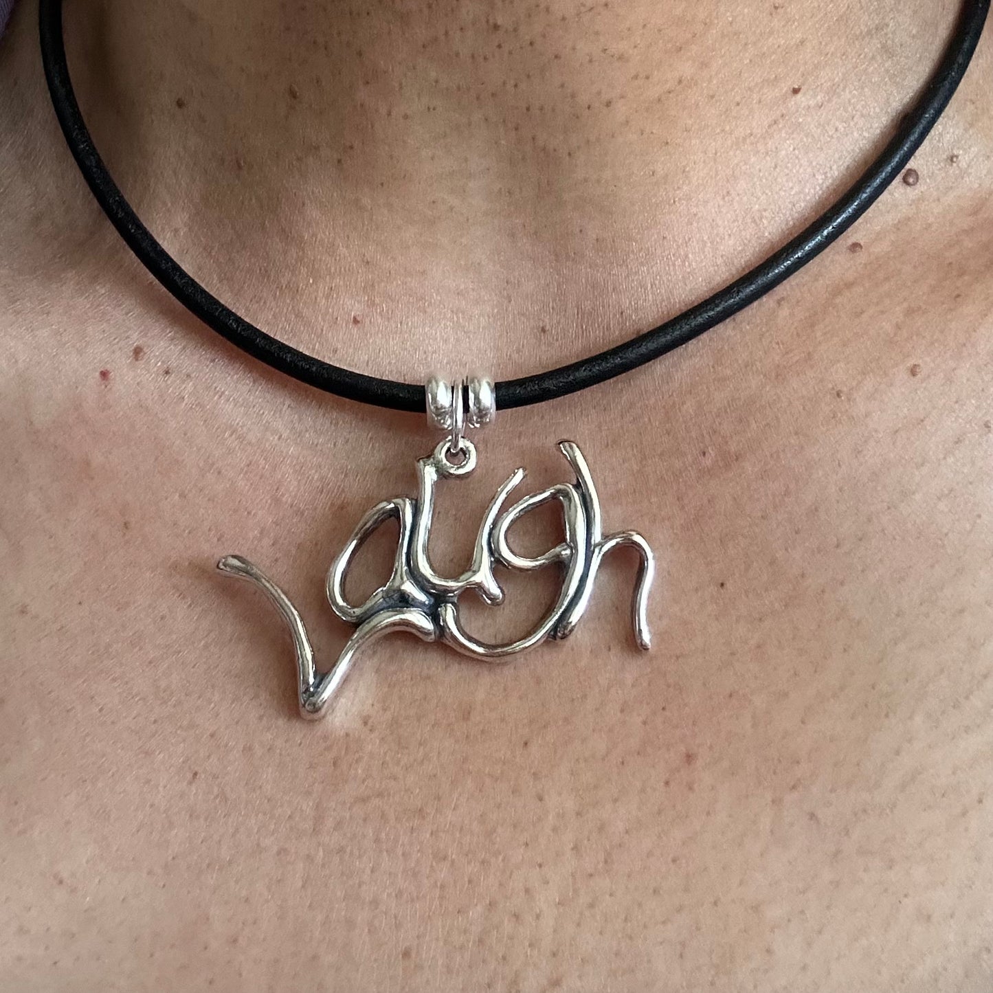 Word Art Jewelry - Laugh, Sterling Silver with leather necklace, Stylized Heritage