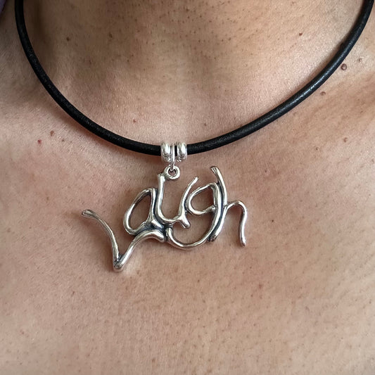 Word Art Jewelry - Laugh, Sterling Silver with leather necklace, Stylized Heritage