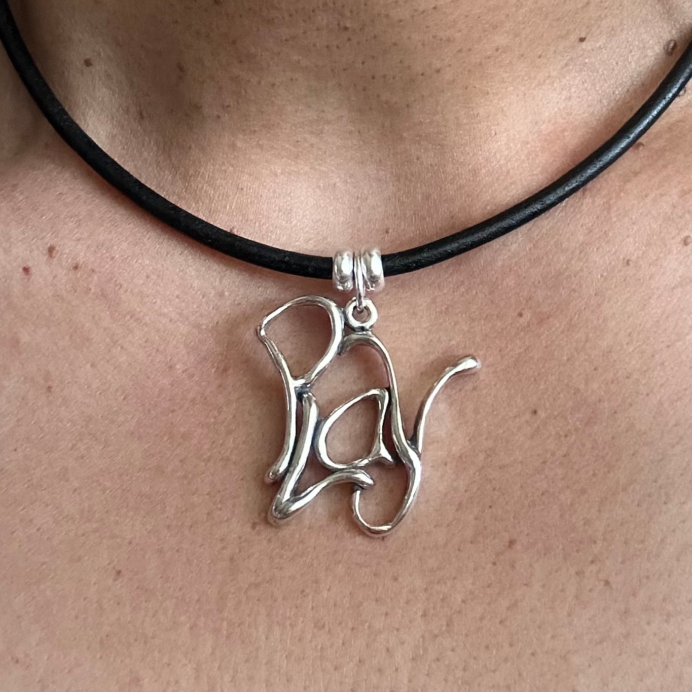 Word Art Jewelry - Play, Sterling Silver and leather necklace, Stylized Heritage