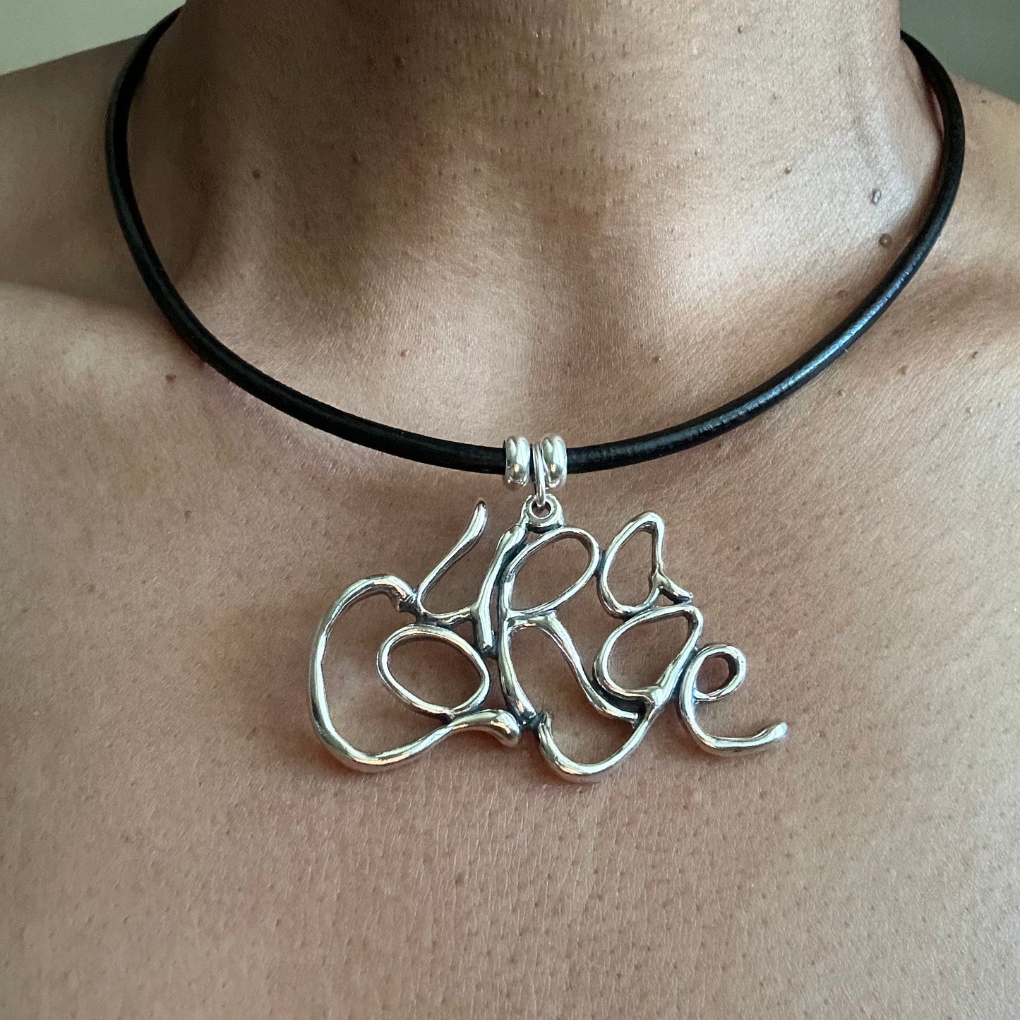 Word Art Jewelry - Courage, Sterling Silver with Leather Necklace, Stylized Heritage
