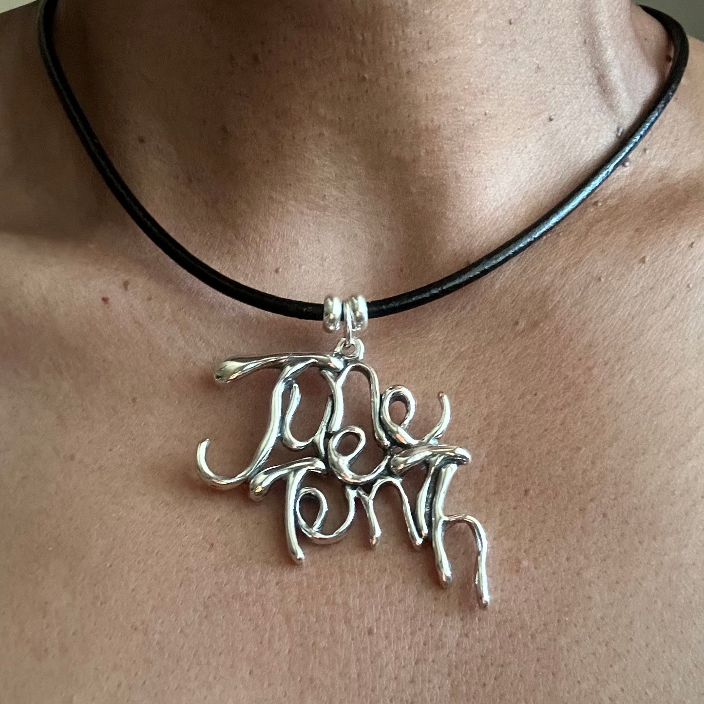 Word Art Jewelry - Juneteenth, Sterling Silver with leather necklace, Stylized Heritage