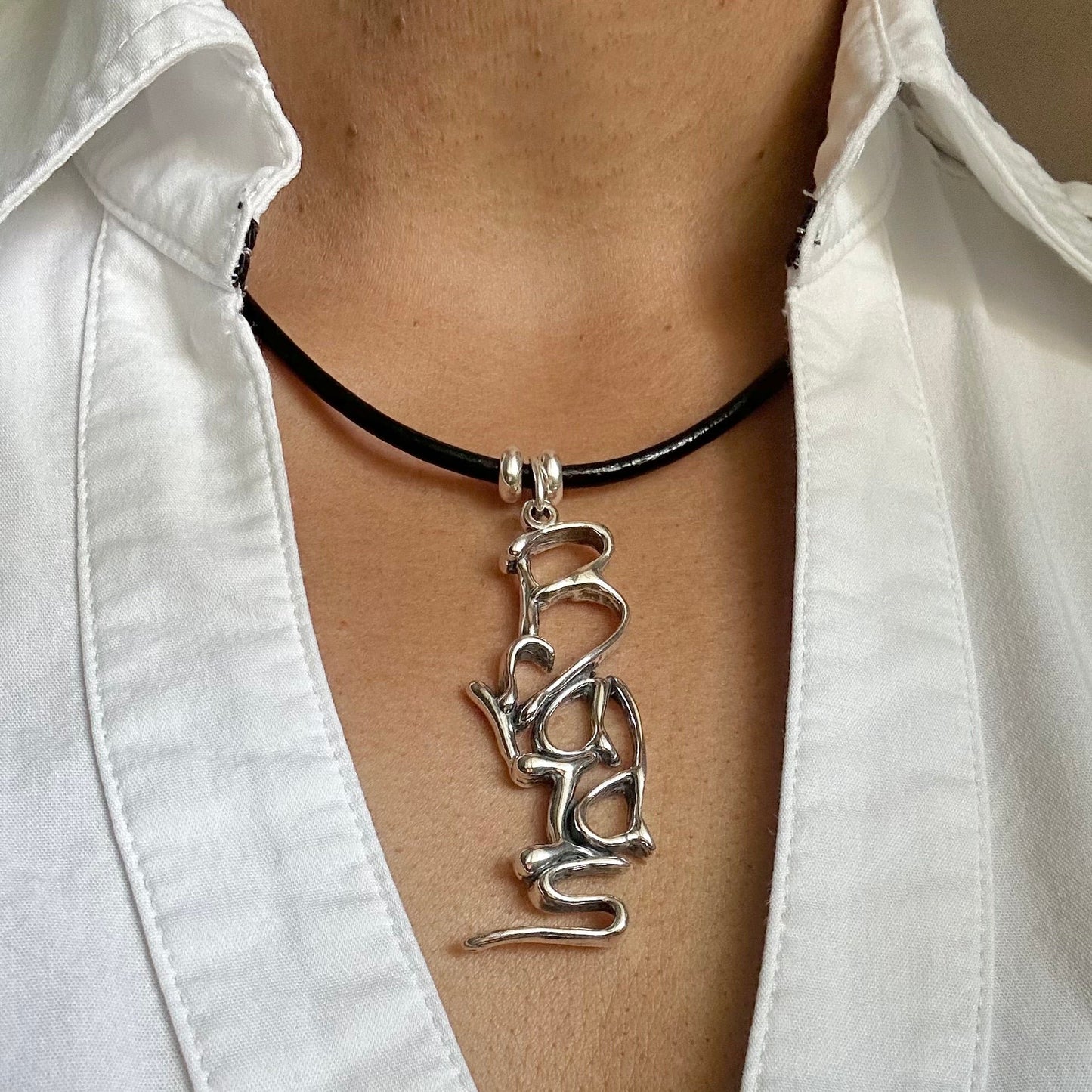 Word Art Jewelry - Braids, Sterling Silver with leather necklace, Stylized Heritage