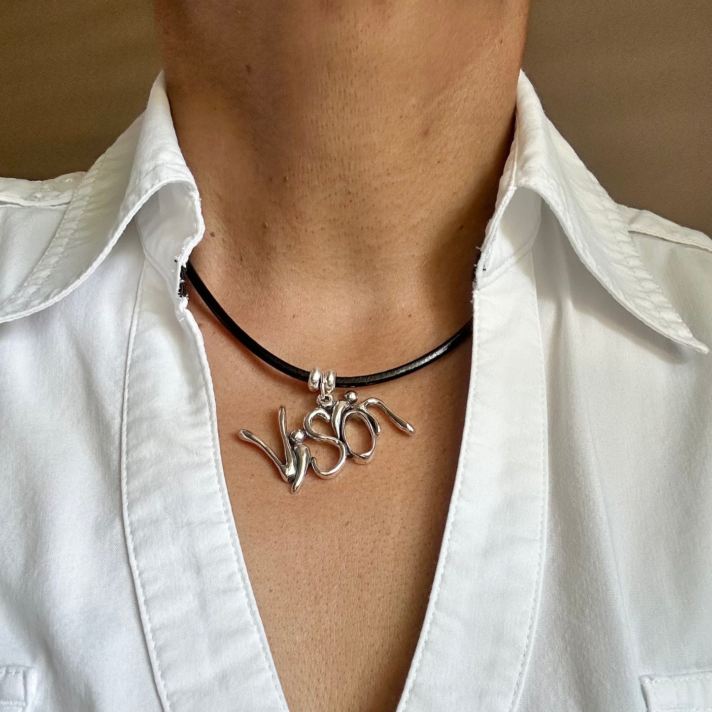 Word Art Jewelry - Vision, Sterling Silver with leather necklace, Stylized Heritage