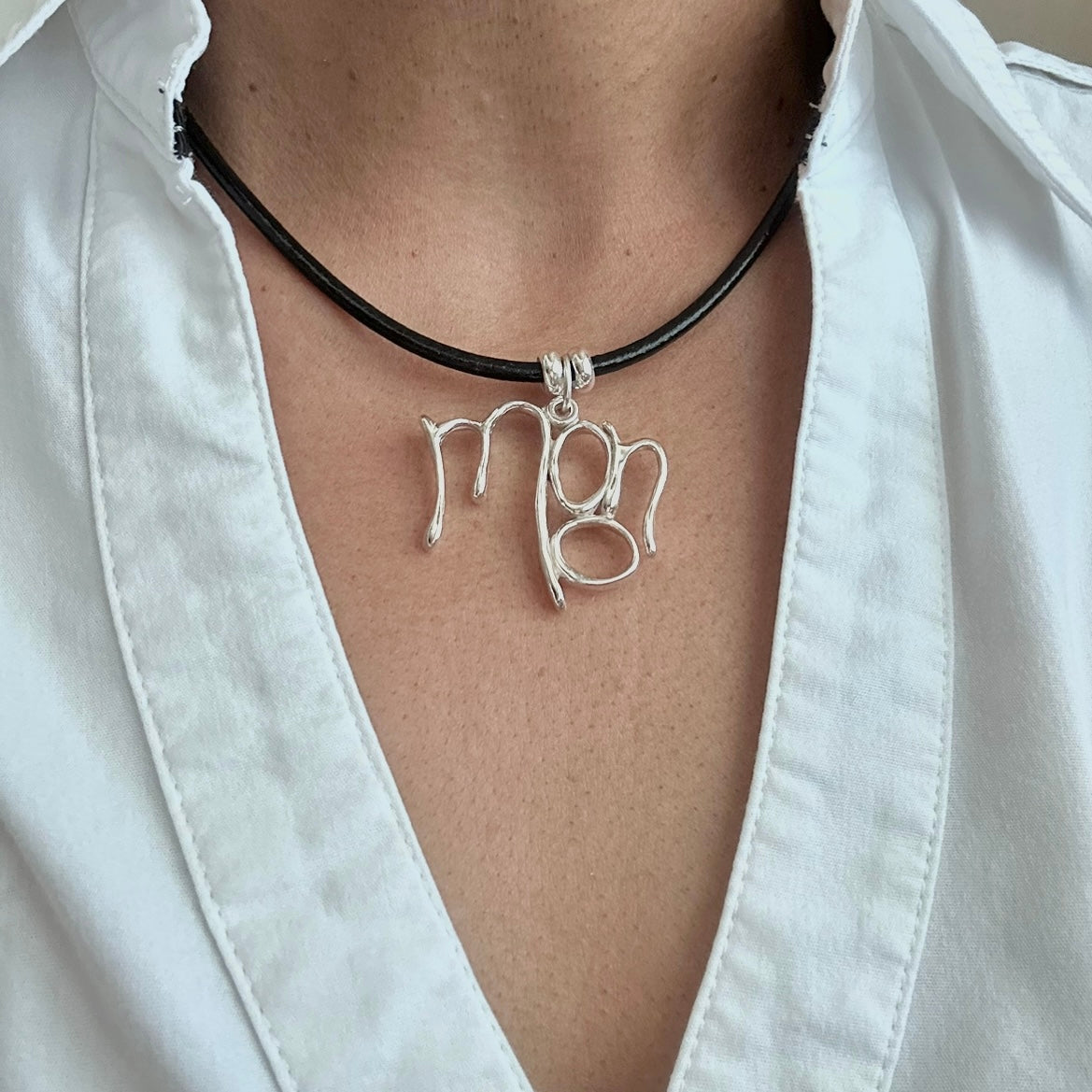 Word Art Jewelry - Moon, Sterling Silver and leather necklace, Stylized Heritage
