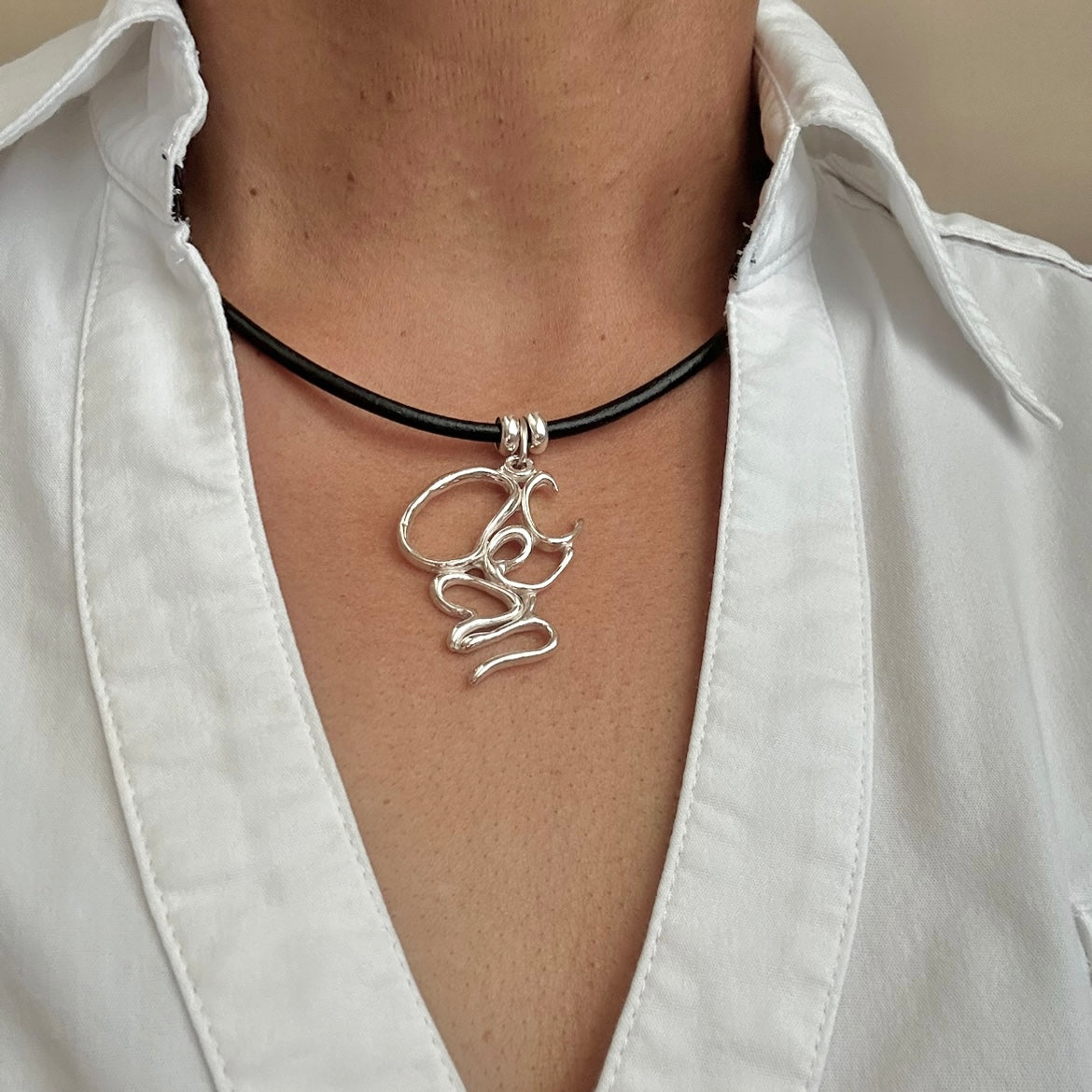 Word Art Jewelry - Ocean, Sterling Silver and leather necklace, Stylized Heritage