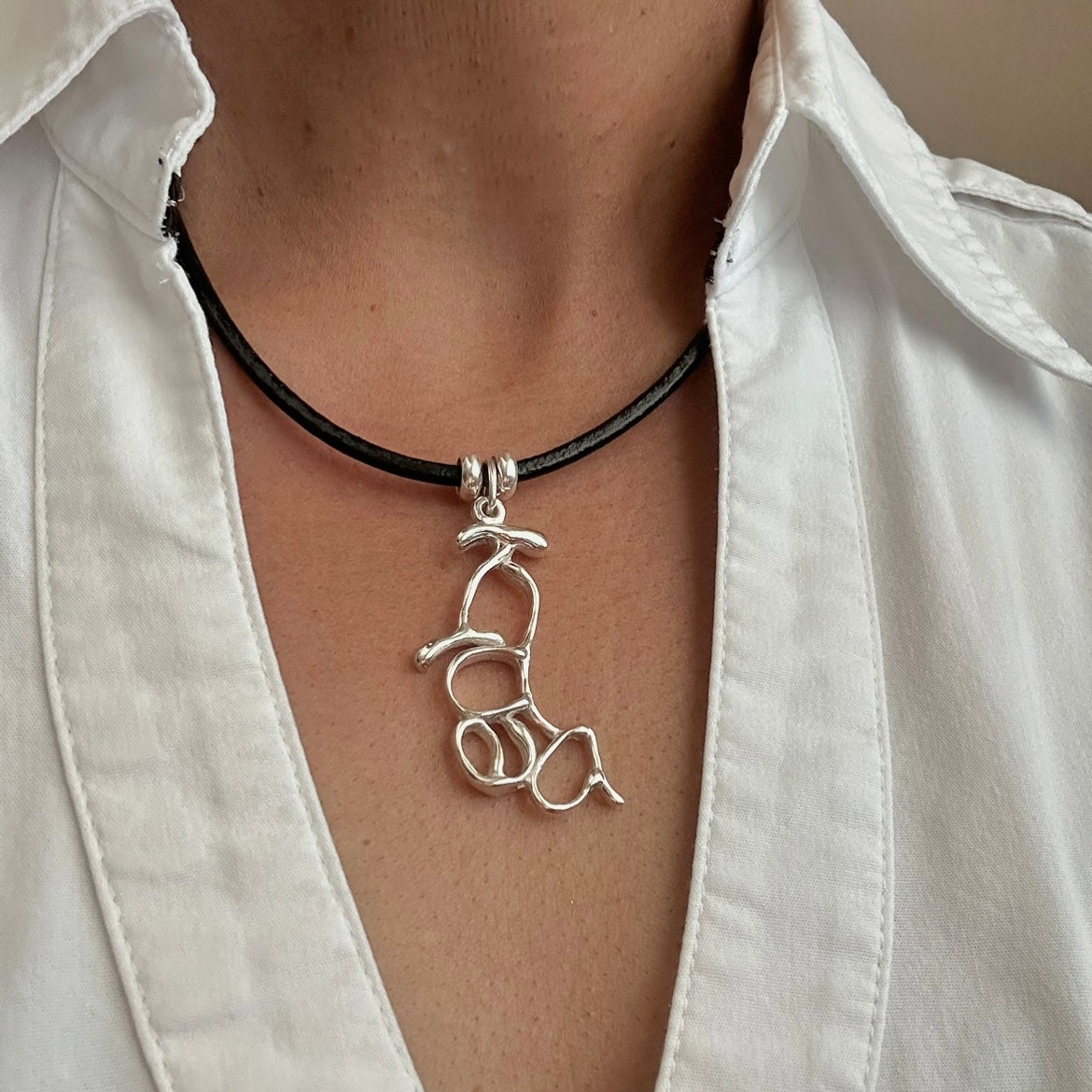 Word Art Jewelry - Idea, Sterling Silver and leather necklace, Stylized Heritage