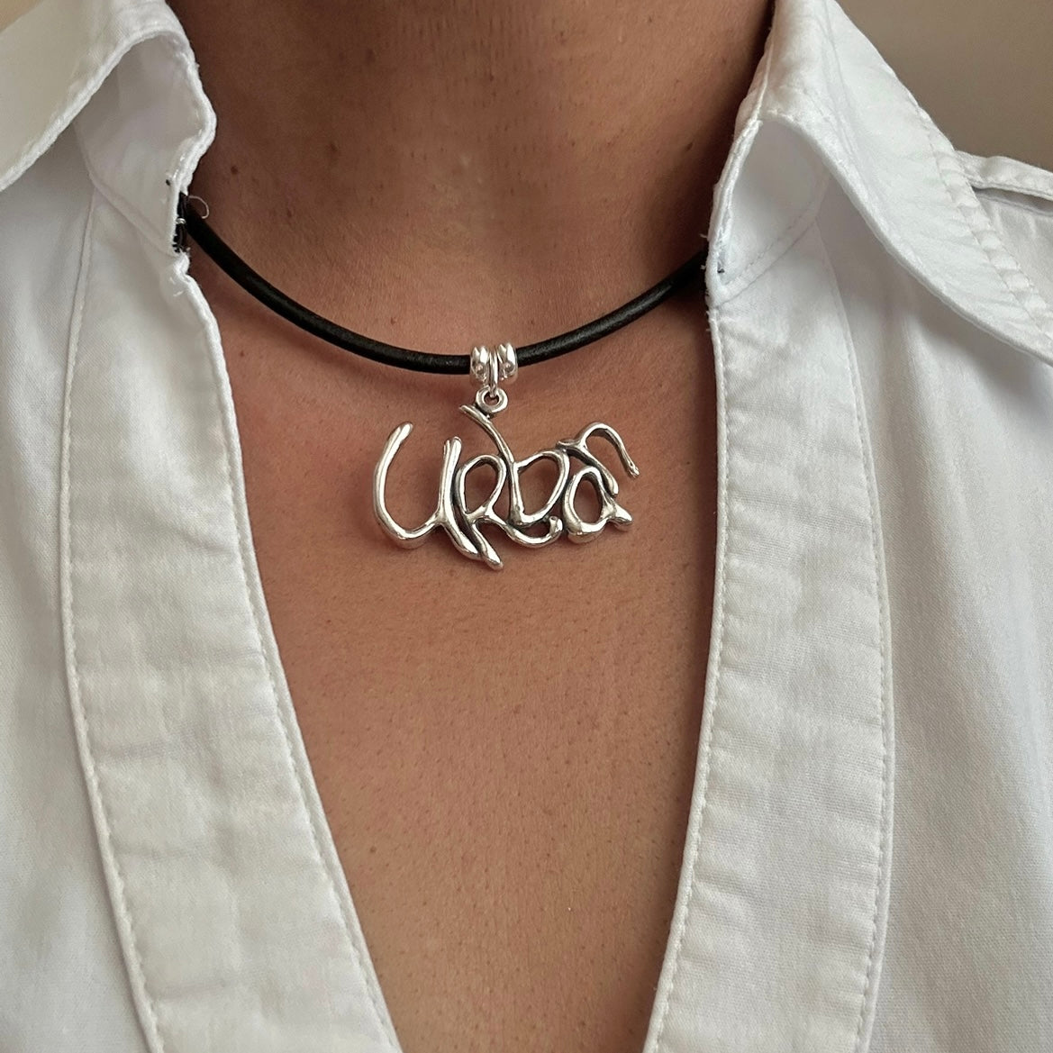 Word Art Jewelry - Urban, Sterling Silver with leather necklace, Stylized Heritage