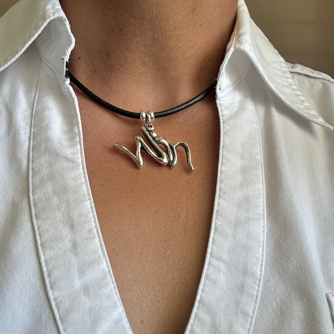 Word Art Jewelry - win, Sterling Silver with leather necklace, Stylized Heritage