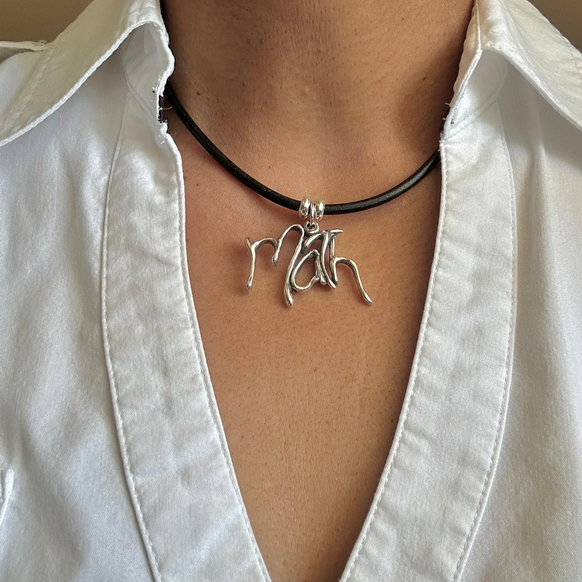 Word Art Jewelry - Math, Sterling Silver with leather necklace, Stylized Heritage