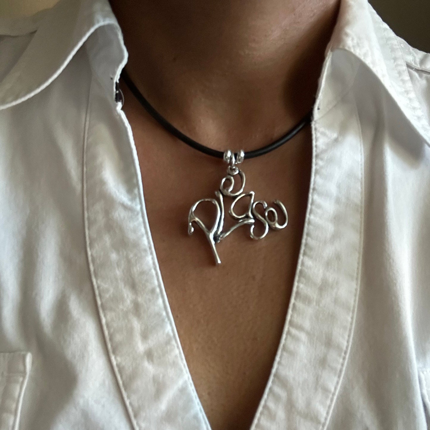 Word Art Jewelry - Please, Sterling Silver and leather necklace, Stylized Heritage