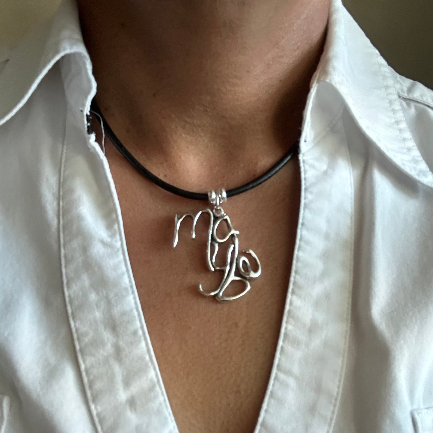 Word Art Jewelry - Maybe, Sterling Silver and leather necklace, Stylized Heritage