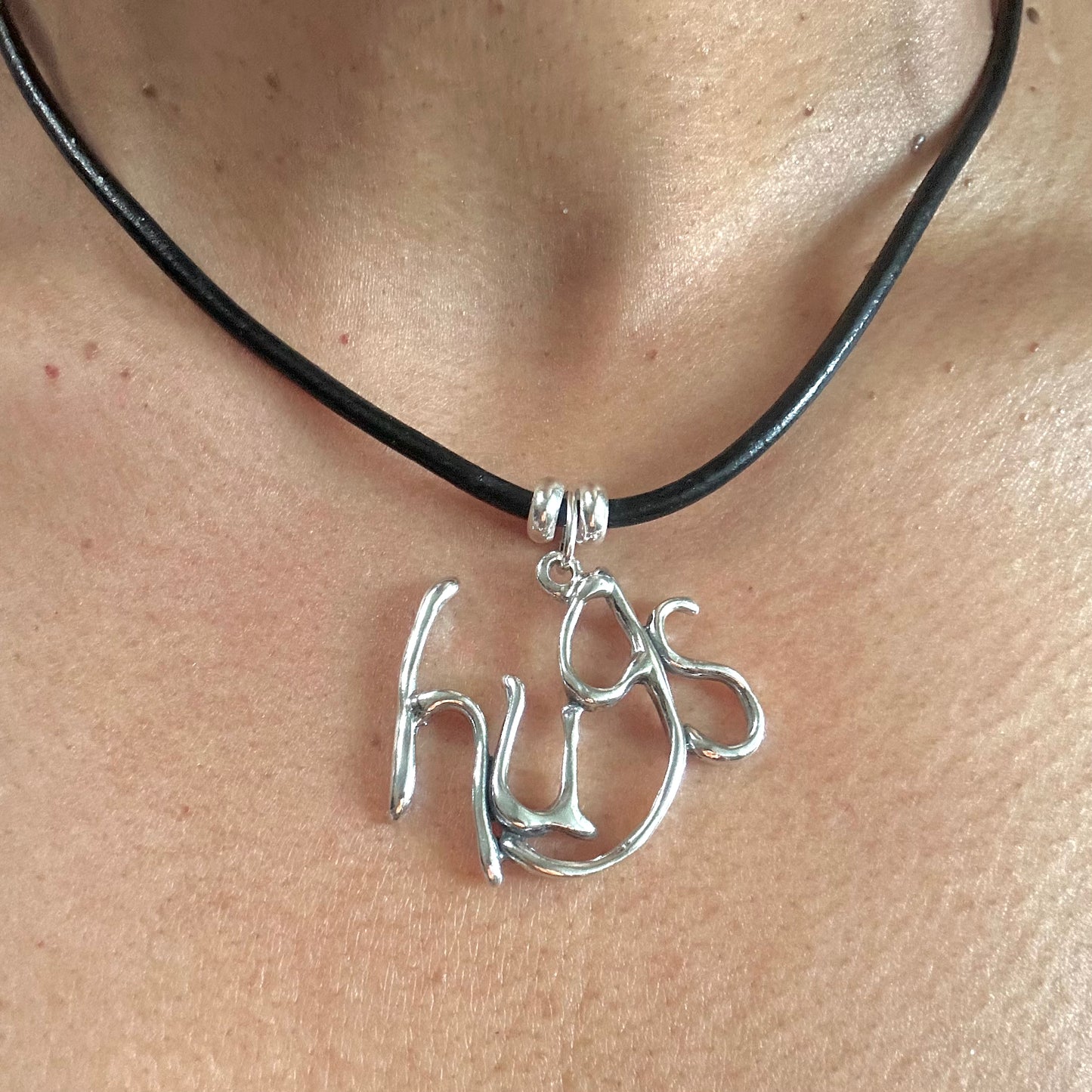 hugs- Sterling Silver with Leather Necklace
