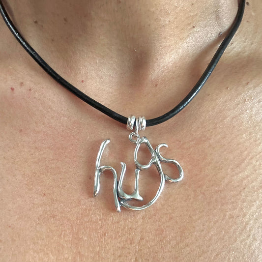hugs- Sterling Silver with Leather Necklace