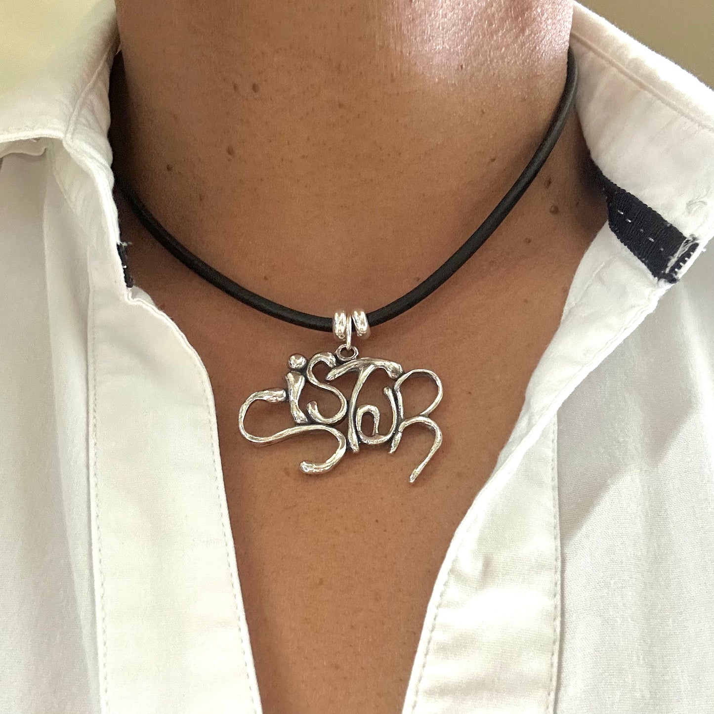 SISTER - Sterling Silver with Leather Necklace