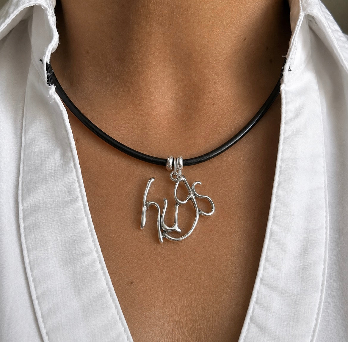 hugs- Sterling Silver with Leather Necklace