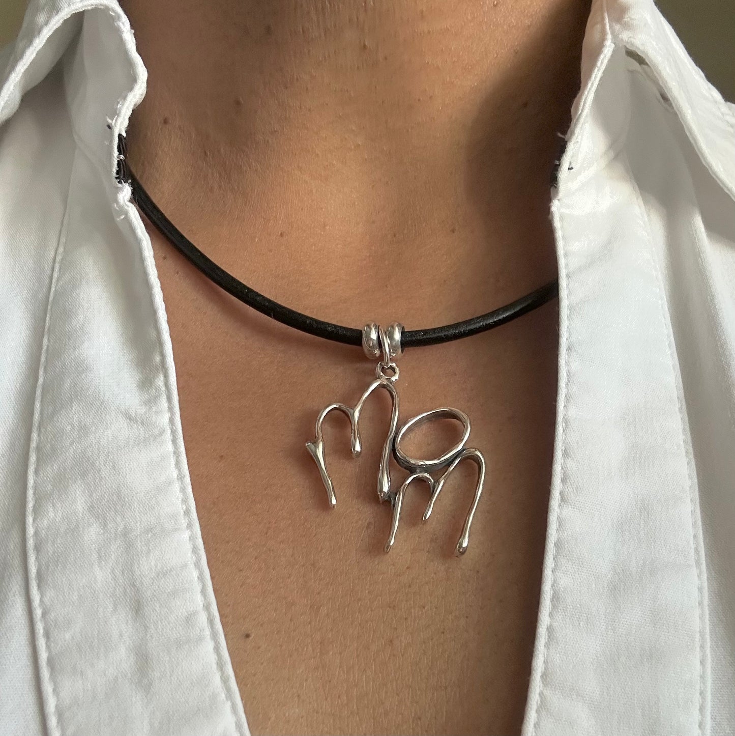 Mom - Sterling Silver with Leather Necklace