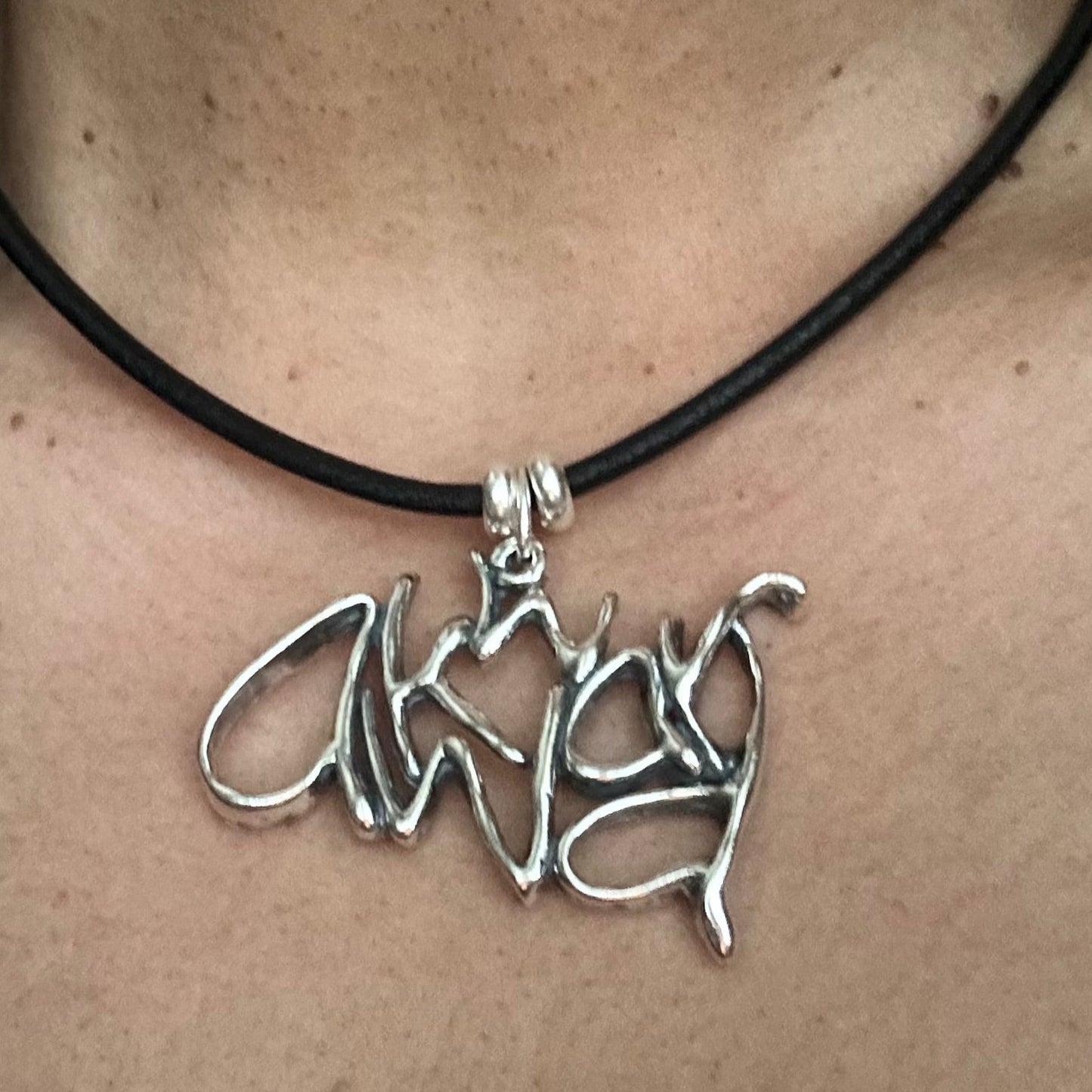 Word Art Jewelry - Awkward, Stylized Heritage, Sterling Silver with leather necklace 