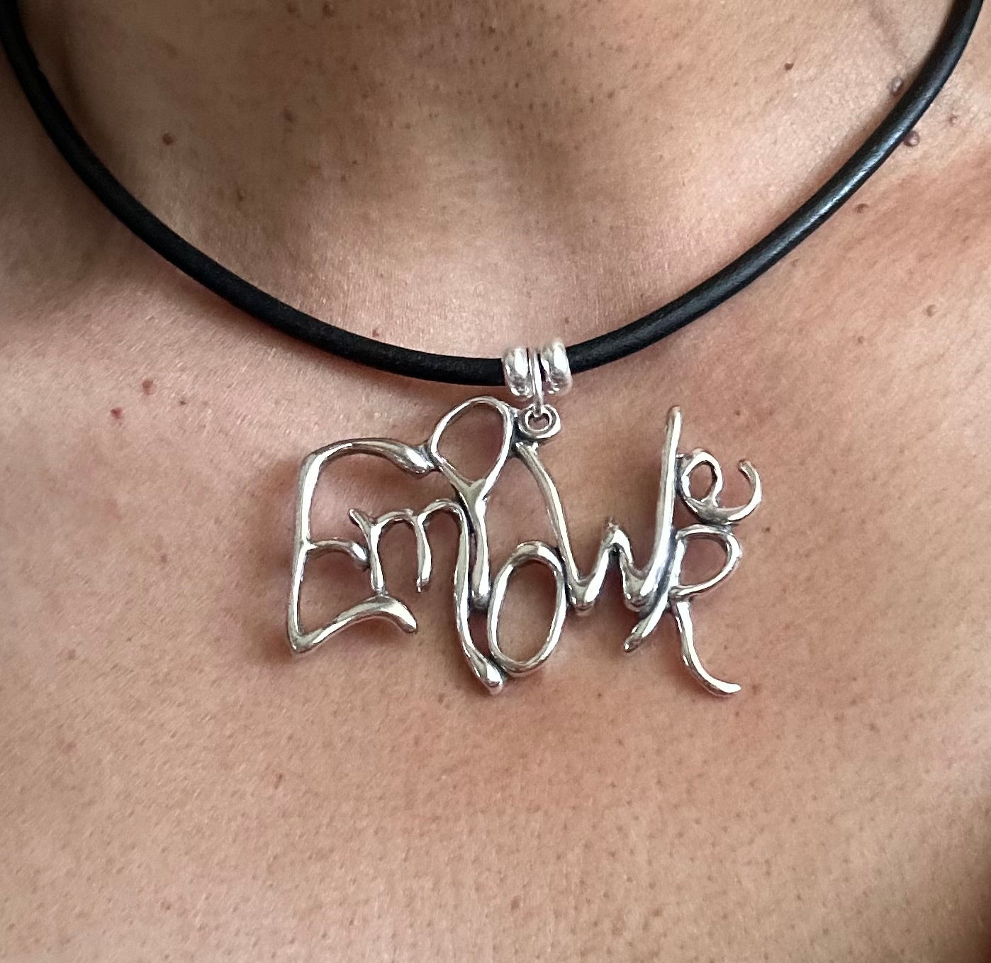 Word Art Jewelry- Empower, Stylized Heritage, Sterling Silver with Leather necklace 