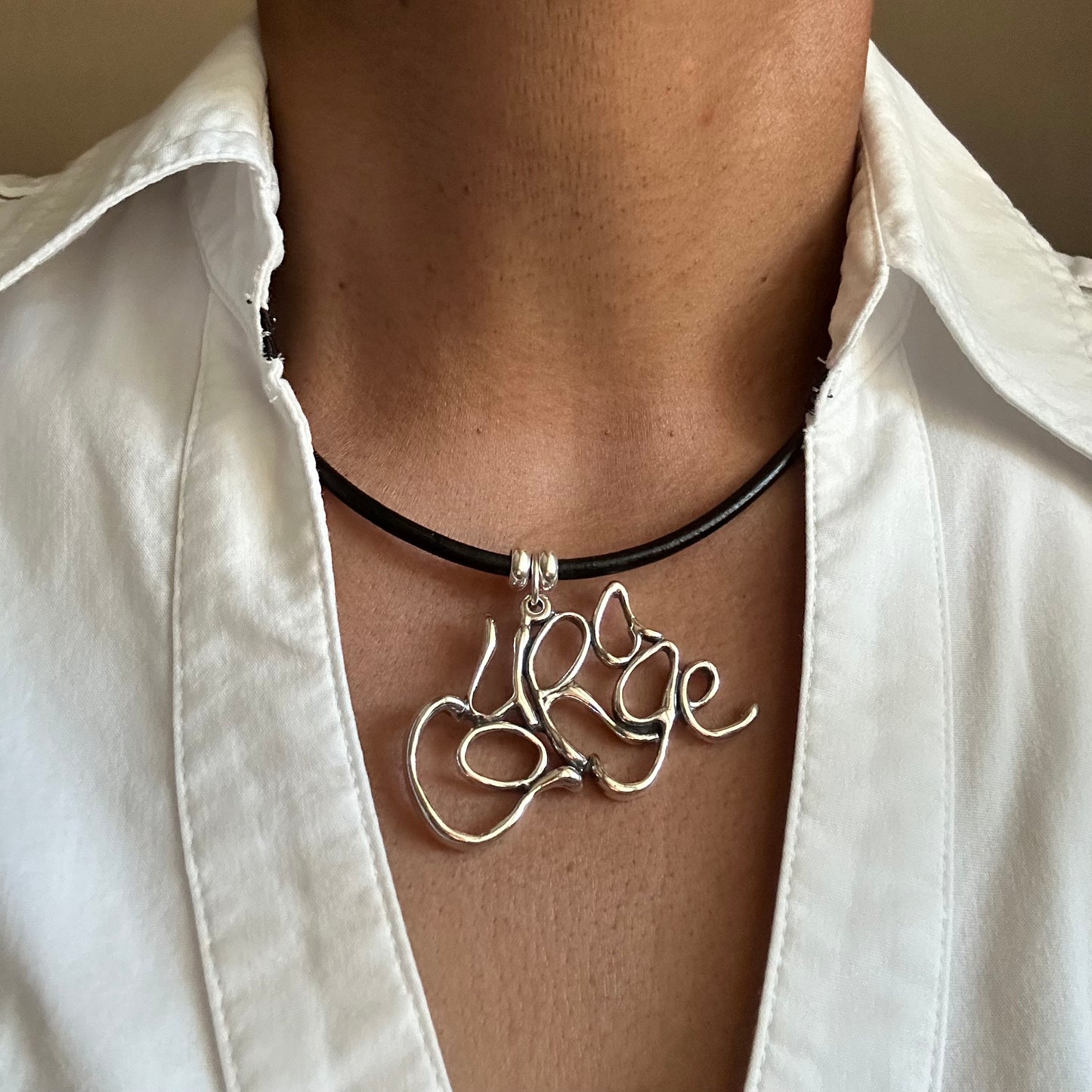 Word Art Jewelry - Courage, Sterling Silver with leather necklace, Stylized Heritage