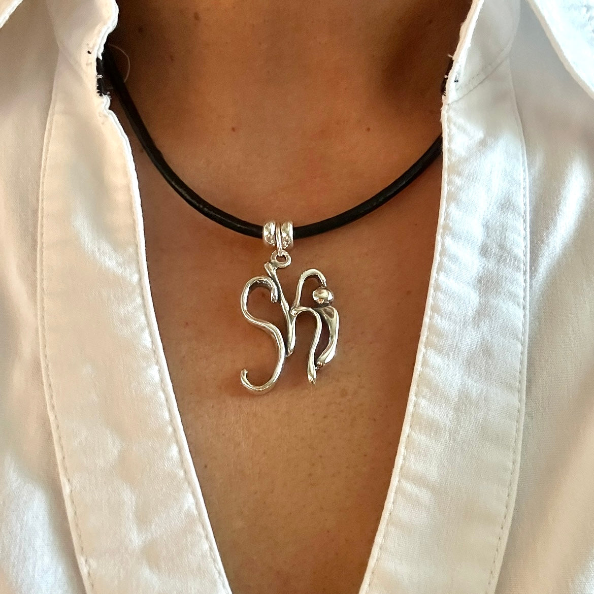 Ski- Sterling Silver with Leather Necklace